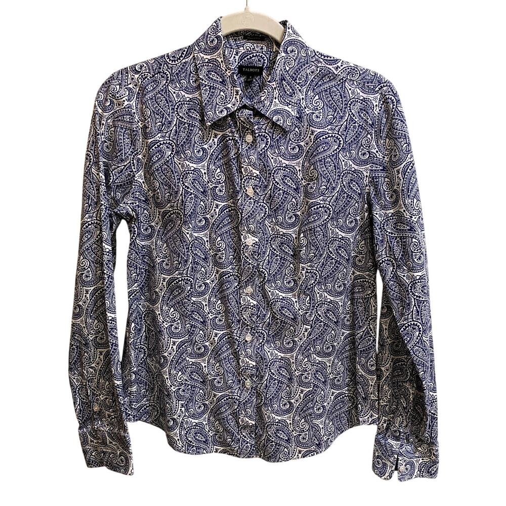 Talbots Dress Shirt Women Size 8 Blue White Long Sleeve Button Front Blouse